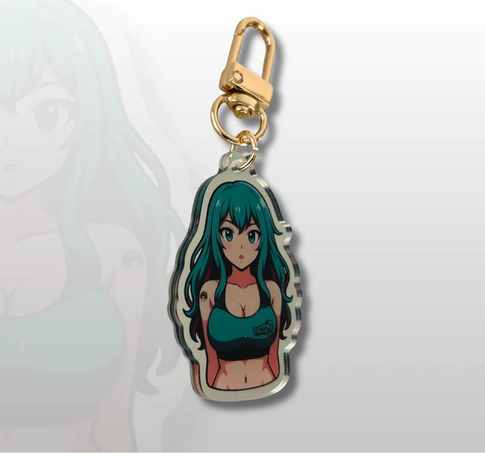 Porte-clé manga suspendu – personnage féminin en top turquoise, cheveux verts foncés, vu de face