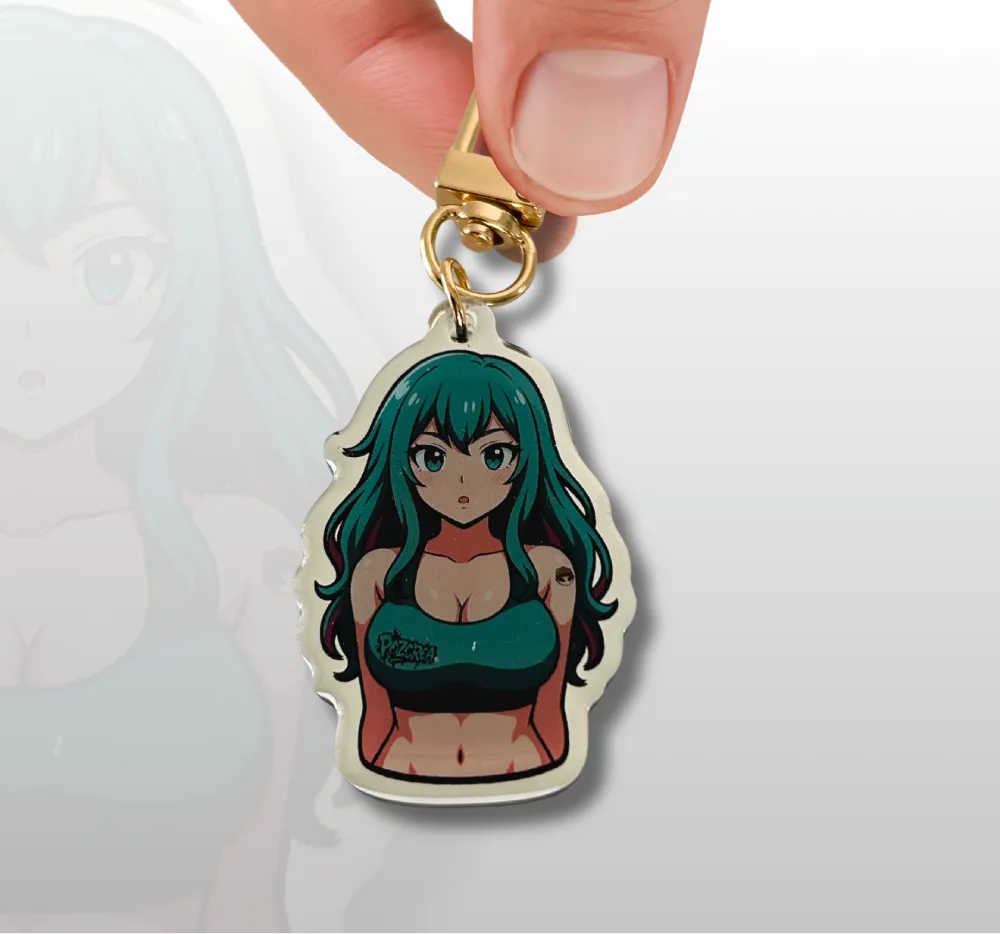 Porte-clé personnage manga – buste féminin en top turquoise, cheveux verts, tenu en main